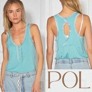 POL Blue Lace Trim Tank Top Button Front Boho Layering Cami NEW